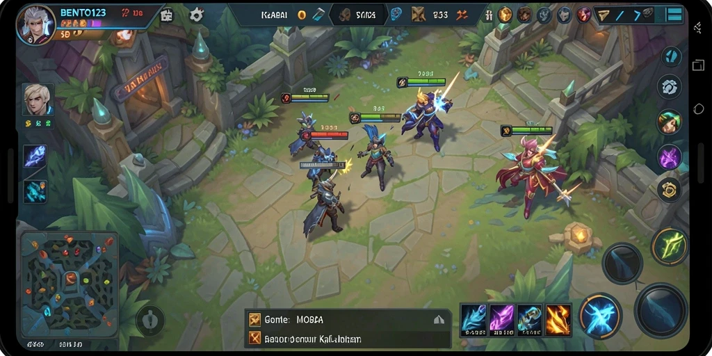 Screenshot utama BENTO123 menampilkan aksi intens dalam gameplay MOBA.