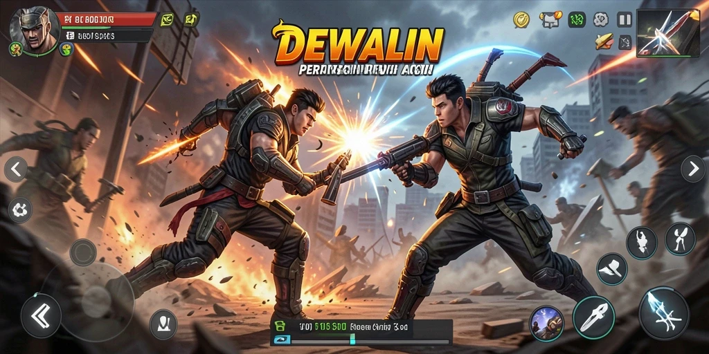 Tangkapan layar gameplay DEWALIN menampilkan pertarungan seru.