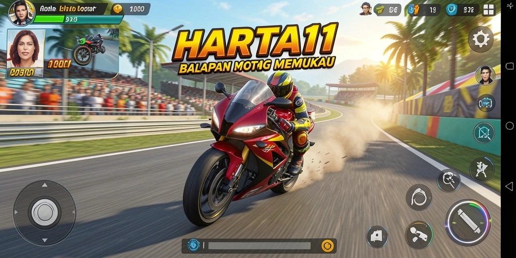 Tampilan menegangkan dari balapan motor HARTA11 dengan grafik yang memukau.