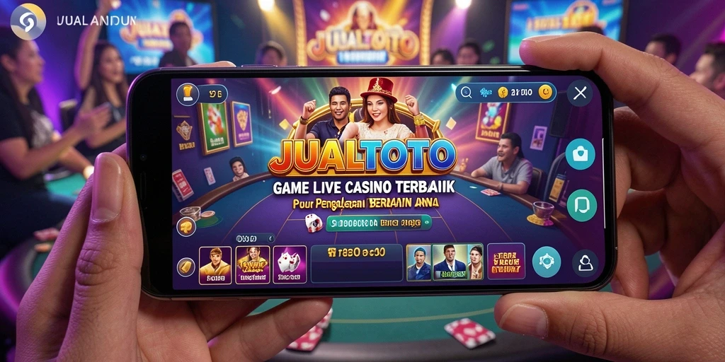Screenshot JUALTOTO menampilkan dealer langsung dan suasana permainan kasino yang nyata.